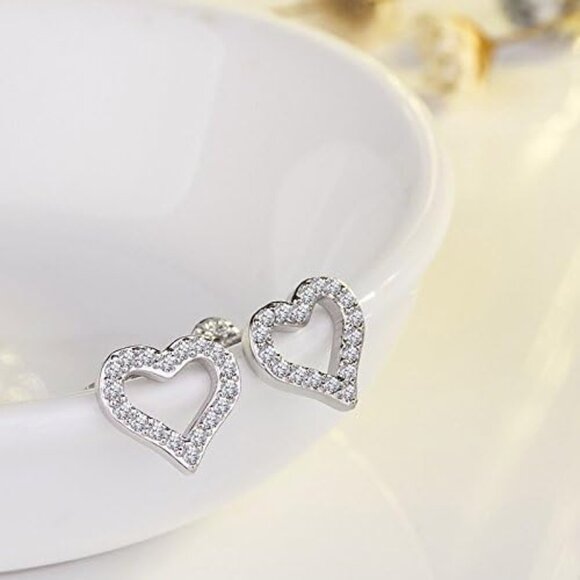 ⚡Silver Heart Stud Earrings for Women Crystal Pave Dainty Romantic Jewelry Gift - Picture 3 of 5